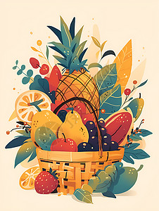 黄色梨子篮子里的菠萝插画