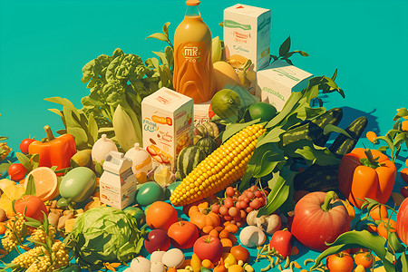 玉米牛奶丰富多彩的水果蔬菜插画