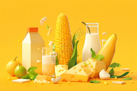 玉米牛奶玉米水果和牛奶盒子插画
