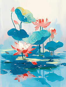 视池塘盛开的莲花插画