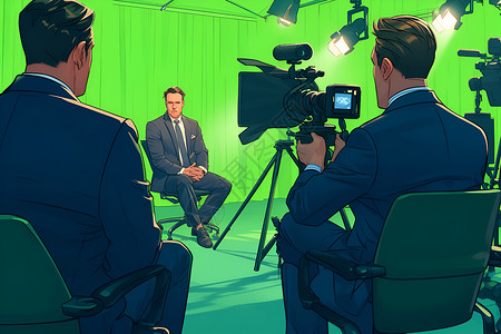 采访拍摄绿幕背景下拍摄的西装男子插画