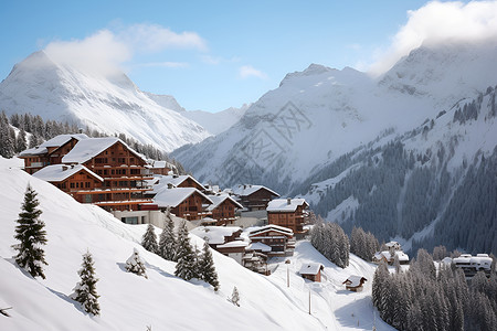 山林木屋乡间小屋与积雪山林背景