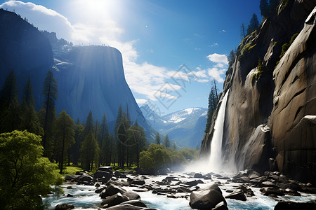 瀑布下的风景图片阳光照耀下的山间瀑布背景
