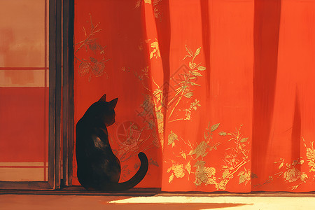 褐色卡通小猫红色窗帘边的黑猫插画