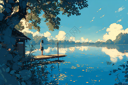 夜景湖边少女在湖畔看着静谧的夜景插画