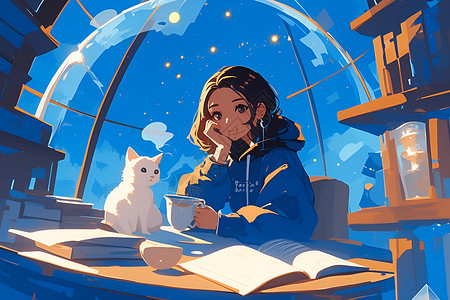 咖啡书店女孩在喝咖啡看书插画