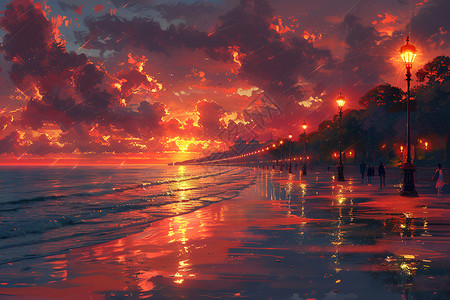 海岸线路夕阳下的海滩插画