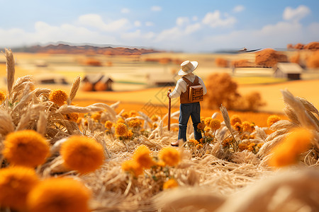 在秋季清楚着陆农夫模型在麦田中设计图片