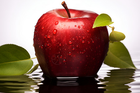 带叶子红苹果水上的苹果背景