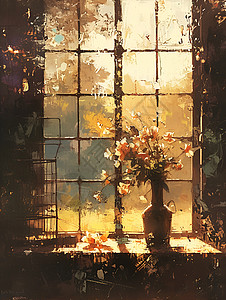 花瓶和窗外景色插画