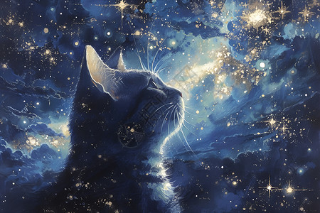 星空猫咪油画作品高清图片