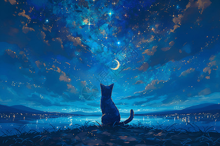 暗夜夜空下的猫咪插画