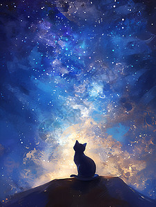 璀璨星空星空星光璀璨下的猫咪插画