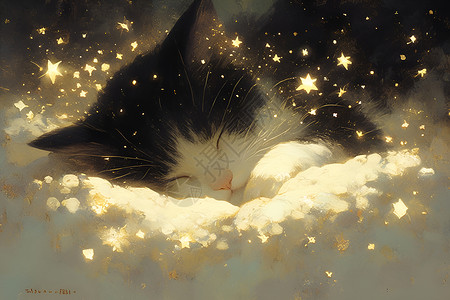 星星下的猫咪插画高清图片