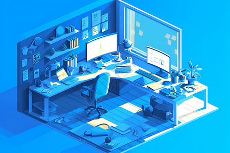 家庭空间蓝色调的家庭办公室插画