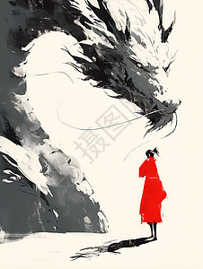 古风龙字素材红衣女孩和中国龙插画