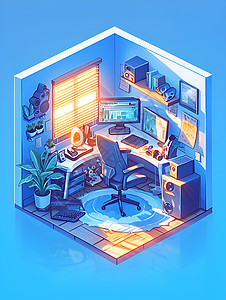家庭空间蓝色的家庭办公室插画