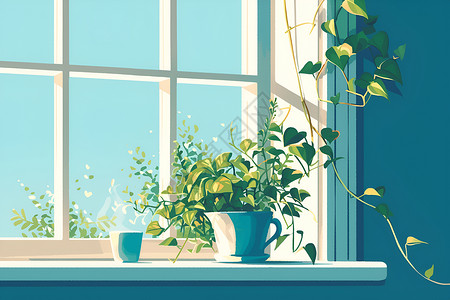 简约窗台窗台上放着的植物插画