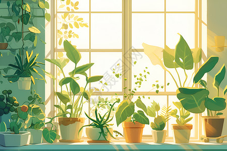 简约窗台窗台上摆放着精致的植物插画