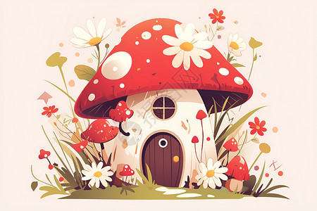 粉色蘑菇房粉色花围绕的可爱蘑菇房插画