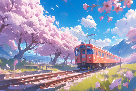 樱花铁轨樱花树下的火车插画