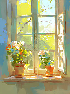 窗前放置的花卉插画背景图片