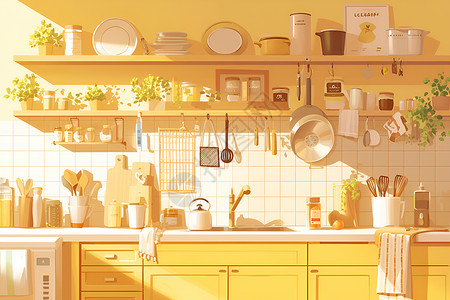 櫃台厨房内的家具插画