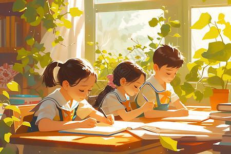 开笔写字小学生专注的学习插画