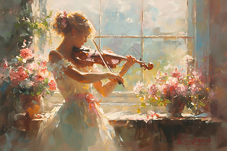 女孩在窗前演奏小提琴背景图片