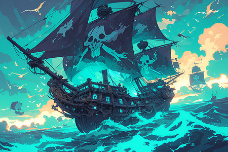 海盗船穿越汪洋大海插画