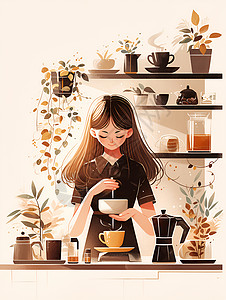 使用咖啡壶冲泡咖啡的女性女店员冲泡咖啡插画