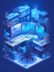 家庭房蓝调下的家庭办公室插画