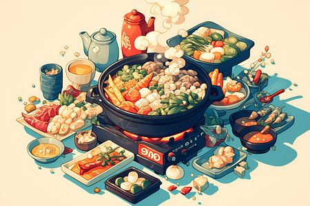 美食宴丰盛多样的火锅宴插画