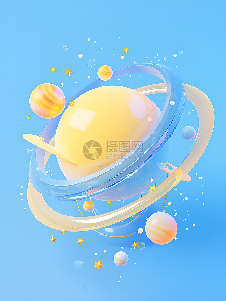 星星环绕的黄色行星图片