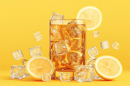 柠檬片饮品冰凉的柠檬茶插画