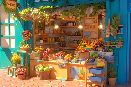 天然果蔬果蔬店里的货架插画