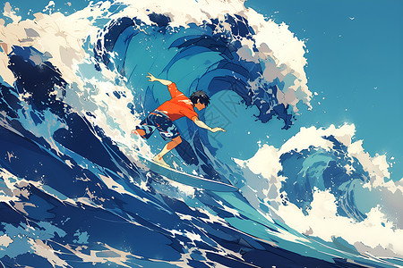 大海巨浪热爱冲浪的男孩插画