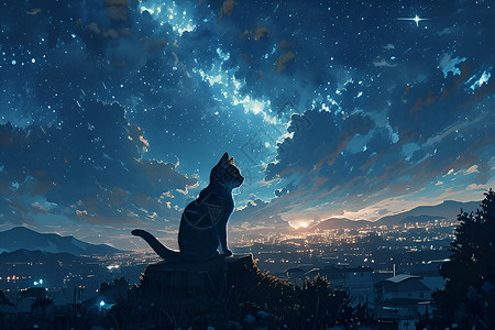 猫抬头夜空中的猫插画
