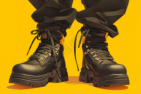 绑鞋带一双黑色的靴子插画