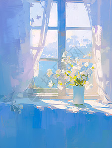 别墅窗台油画风窗前的花瓶插画