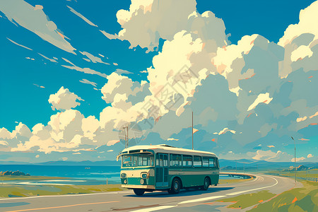 汽车车道巴士与自然美景相映插画