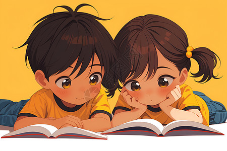 分享下载两个小孩躺在床上一起看书插画