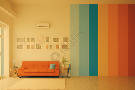 彩虹墙壁绚丽色彩的客厅插画