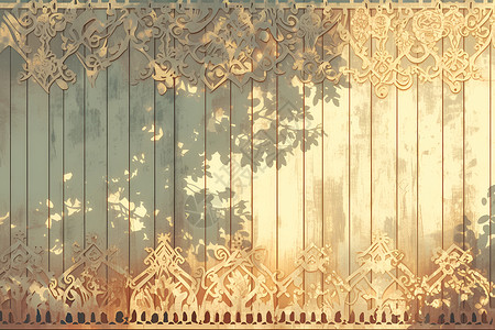 木质围栏阳光下的木质雕花大门插画