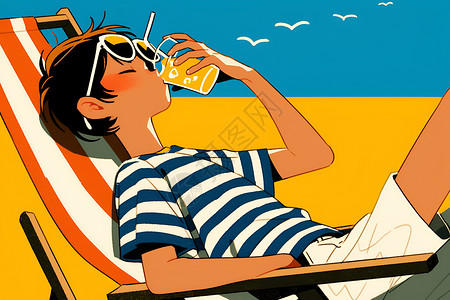 沙滩上日光浴少年坐在沙滩椅上插画