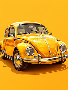 老款的甲壳虫汽车欢快的黄色老爷车插画