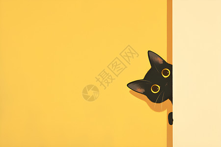 黄色的墙墙后的黑猫插画