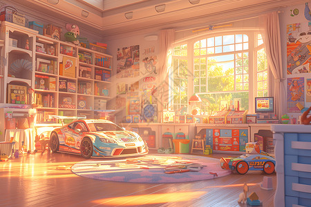 汽车室内房屋内的玩具汽车插画