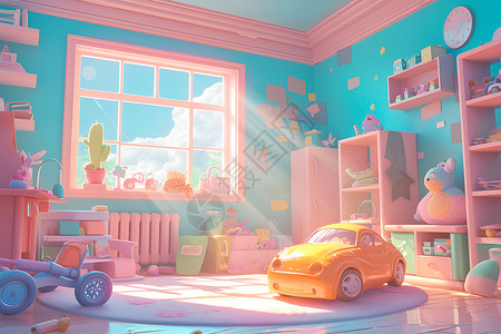 儿童汽车玩具儿童房里的黄色汽车玩具插画