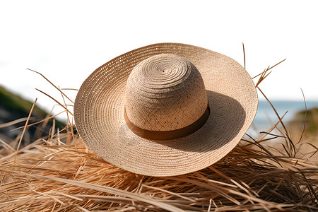 草帽在海滩边高清图片